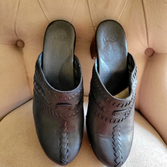 Ugg Vivica Womens Black Leather & Wood Studded Clog Mules Size 9 - Picture 9 of 9